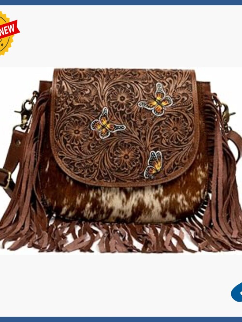 Leather Crossbody Bag with Fringe and Hair-On-Hide, Adjustable Strap